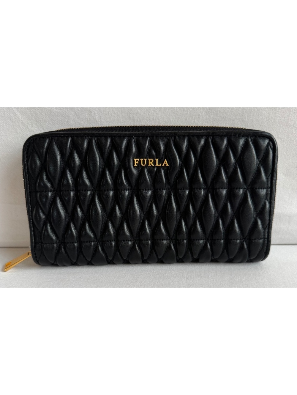 Furla Black Quilted Leather Continental Zip Around Wallet Gold Hardware Italy